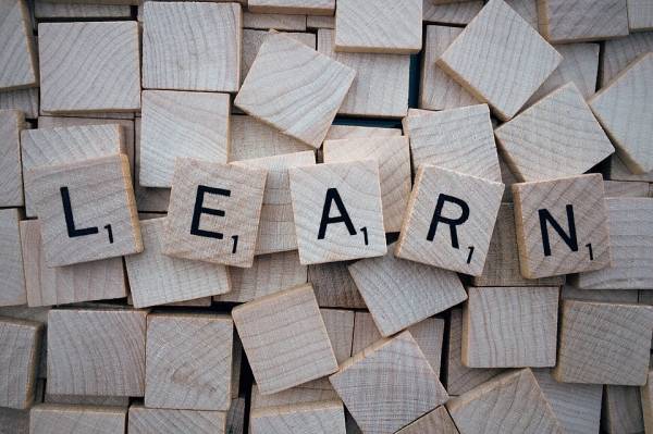 Word "LEARN" spelled with toy blocks